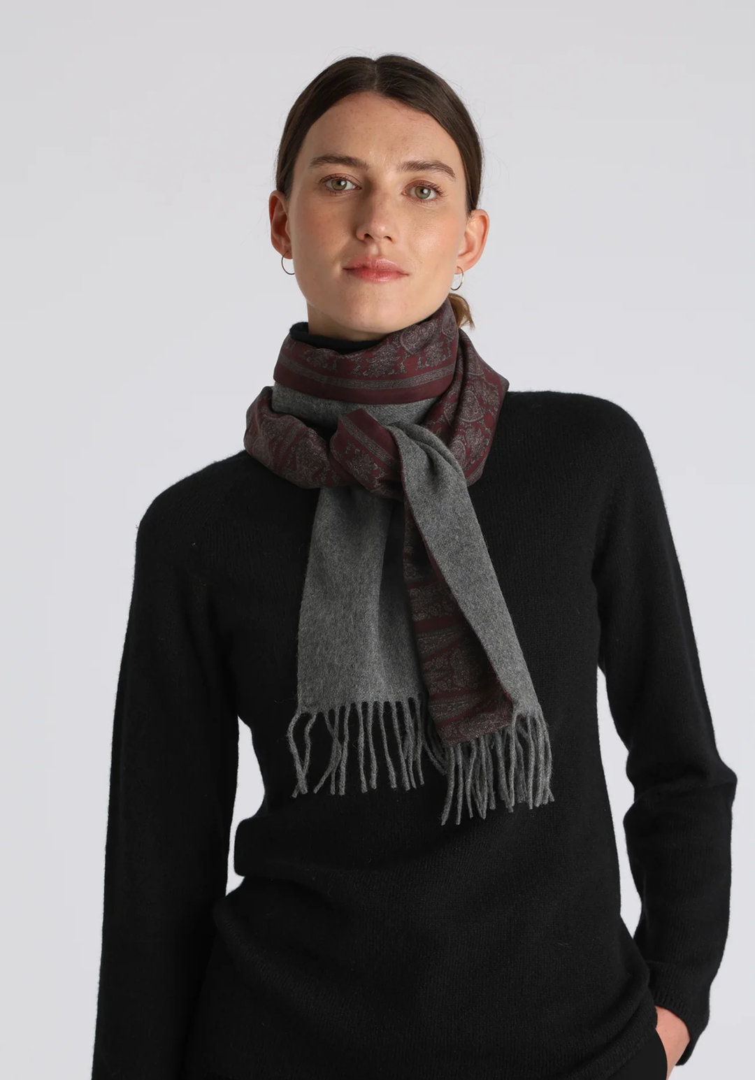 Grey Cashmere Scarf | Burgundy Paisley Silk