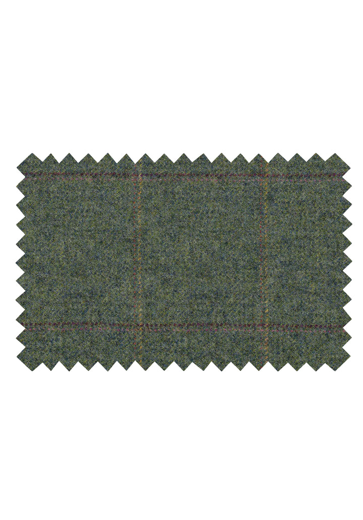 Fabric swatch of sage green wool with yellow and red overcheck