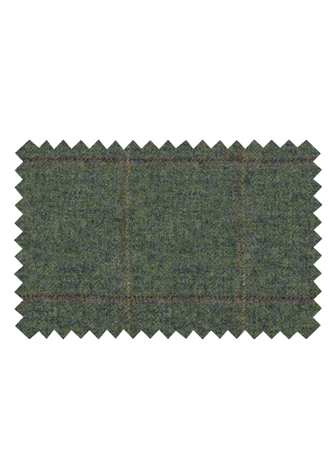 Fabric swatch of sage green wool with yellow and red overcheck