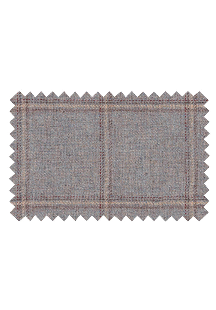 Fabric swatch of dove blue and cream check wool