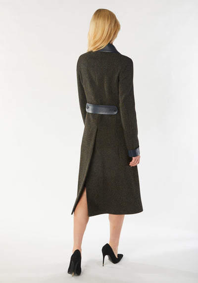 contrast coat dark green herringbone tweed