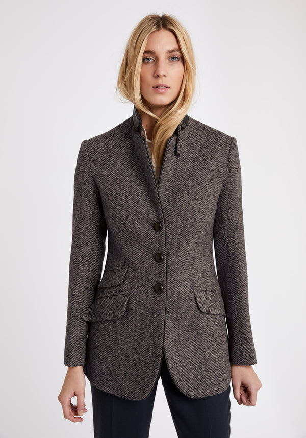 Model wears the Cass jacket, a relaxed boyfriend-style jacket with subtle equestrian inspired detailing.