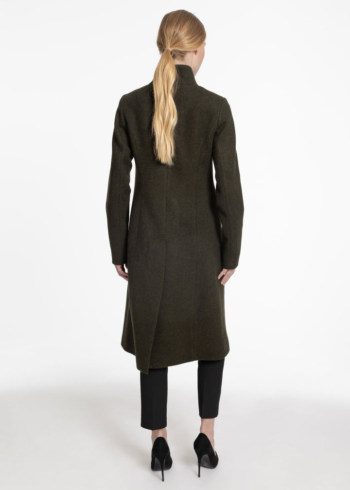 Back view of a woman wearing a dark olive wool coat on a white background.