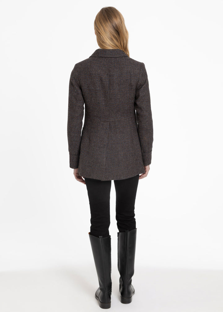 Back of a brown and black checked jacket.