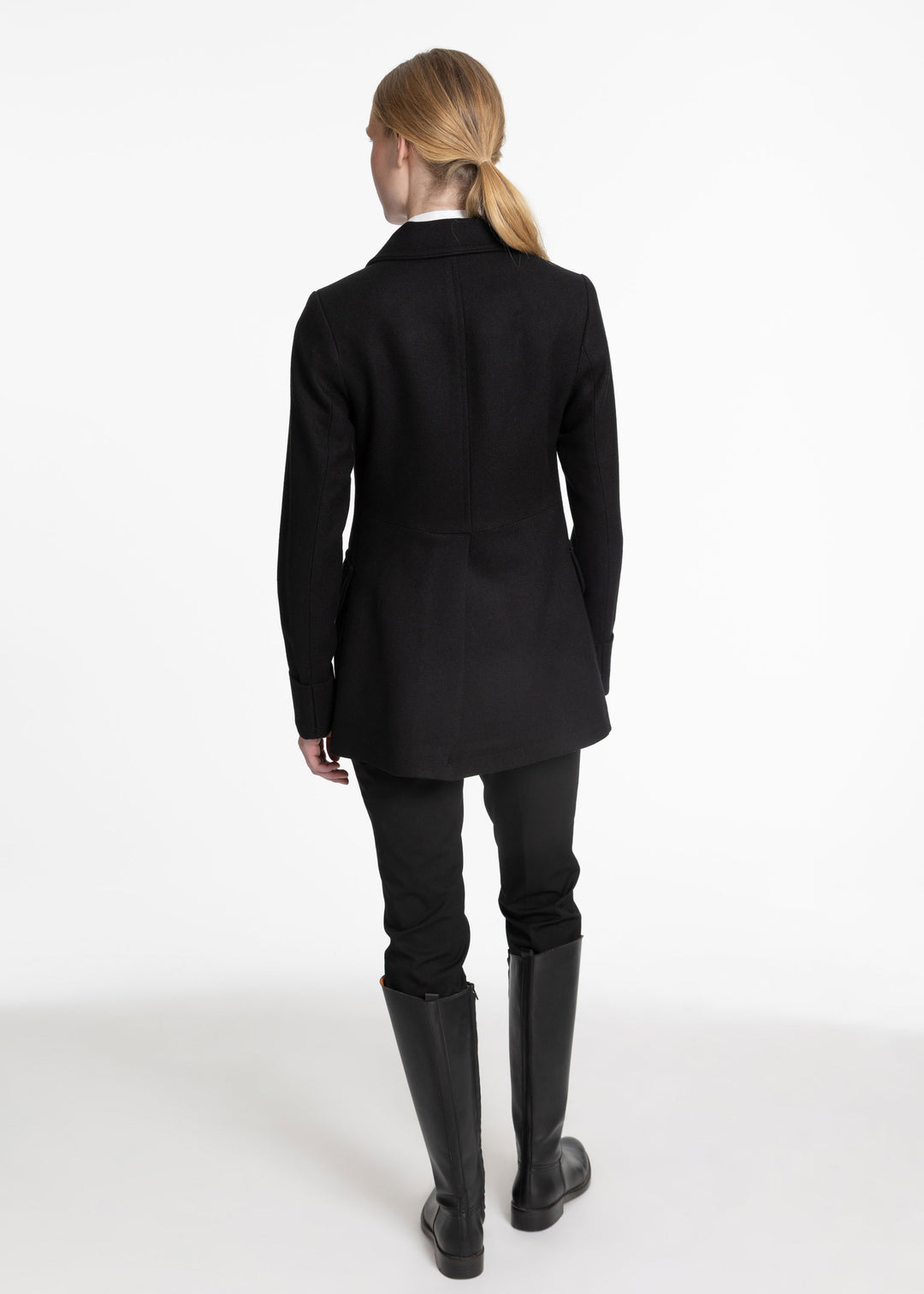 Back of black wool jacket.