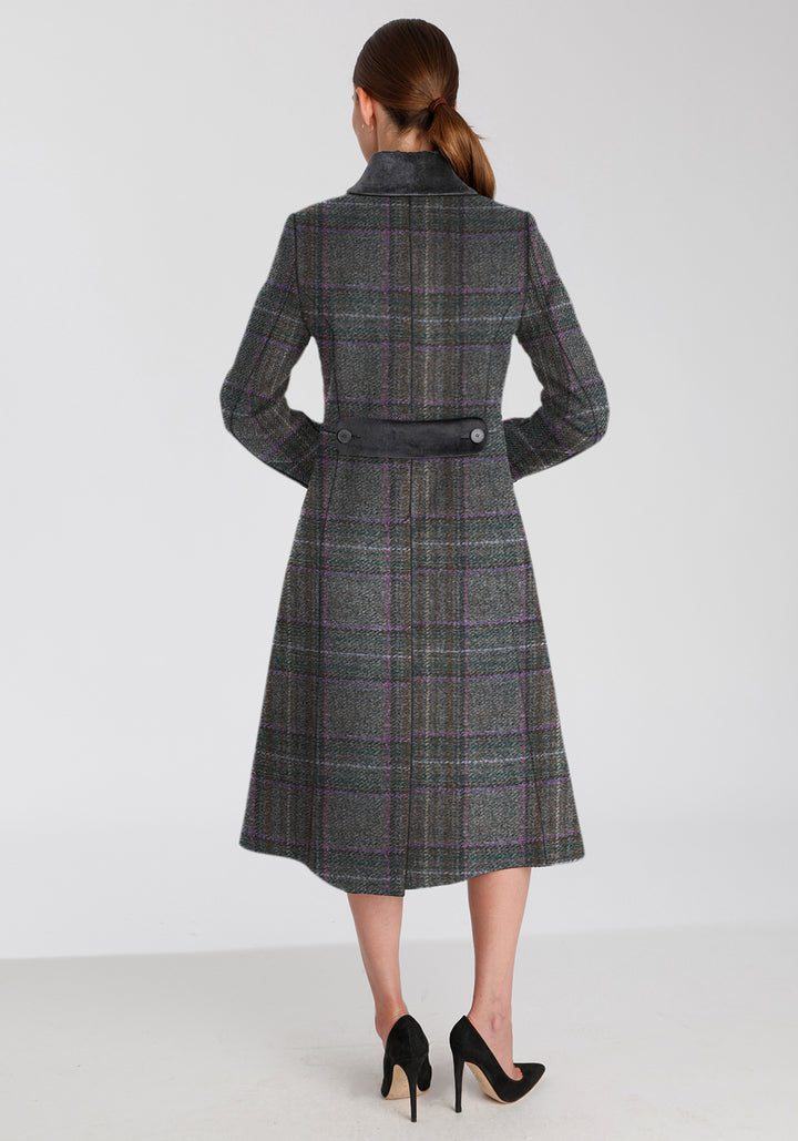 Back of woman wearing a long wool purple check coat with a dark grey contrasting belt detailing 